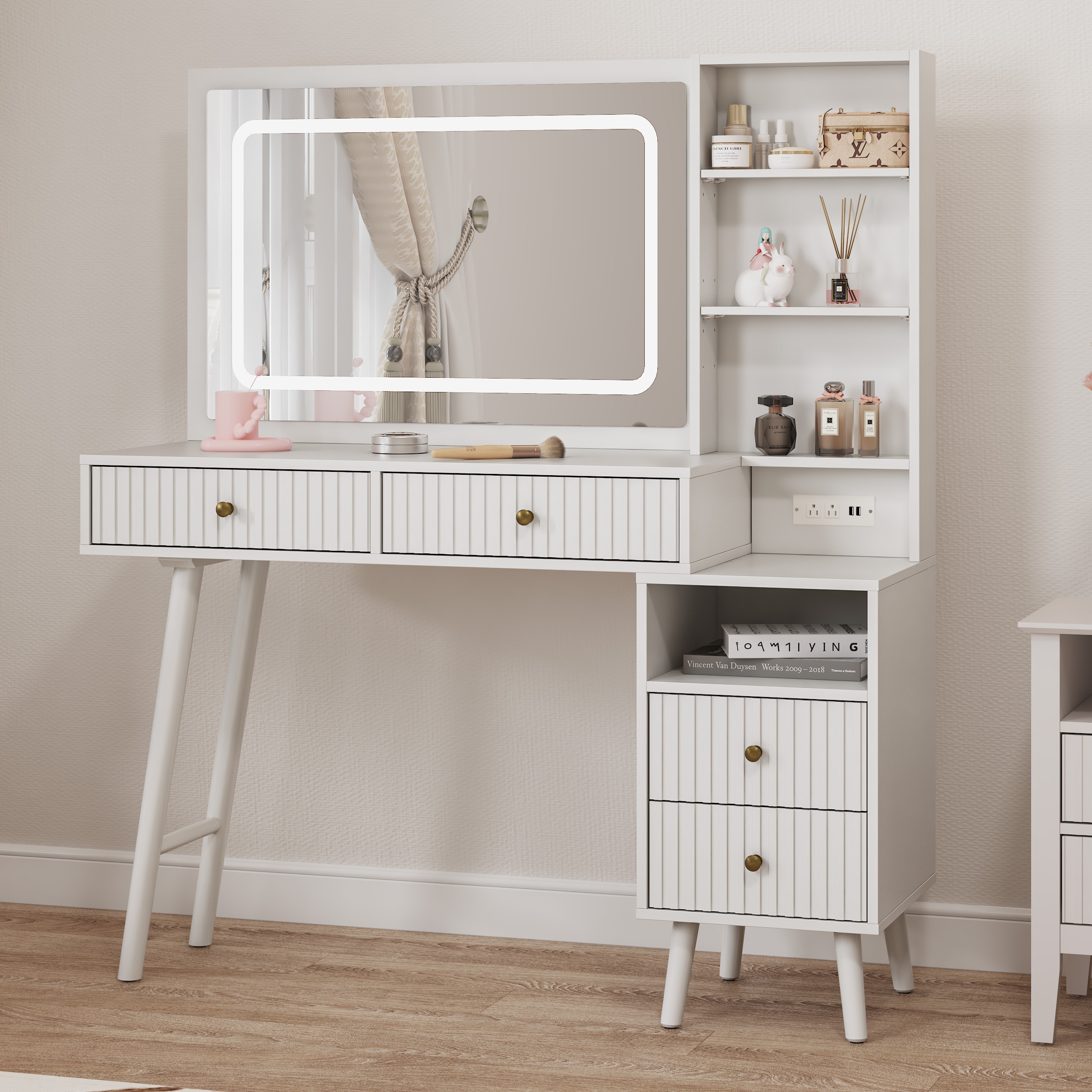 Fluted Vanity Desk With LED Lighted Mirror, Makeup Table With Drawers, 3 Lighting Colors Touch Control, For Bedroom, White_voghion.com